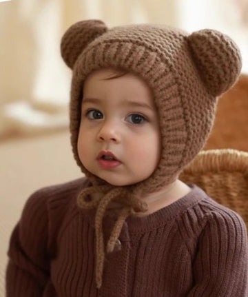 Knitted Bear Ear Hat - Brown