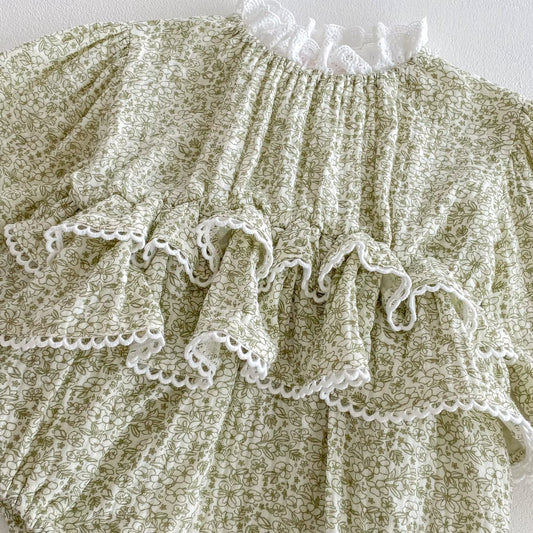 Floral Ruffle Romper - Green