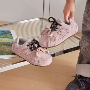 Suede N Lace Up Trainers - Pink