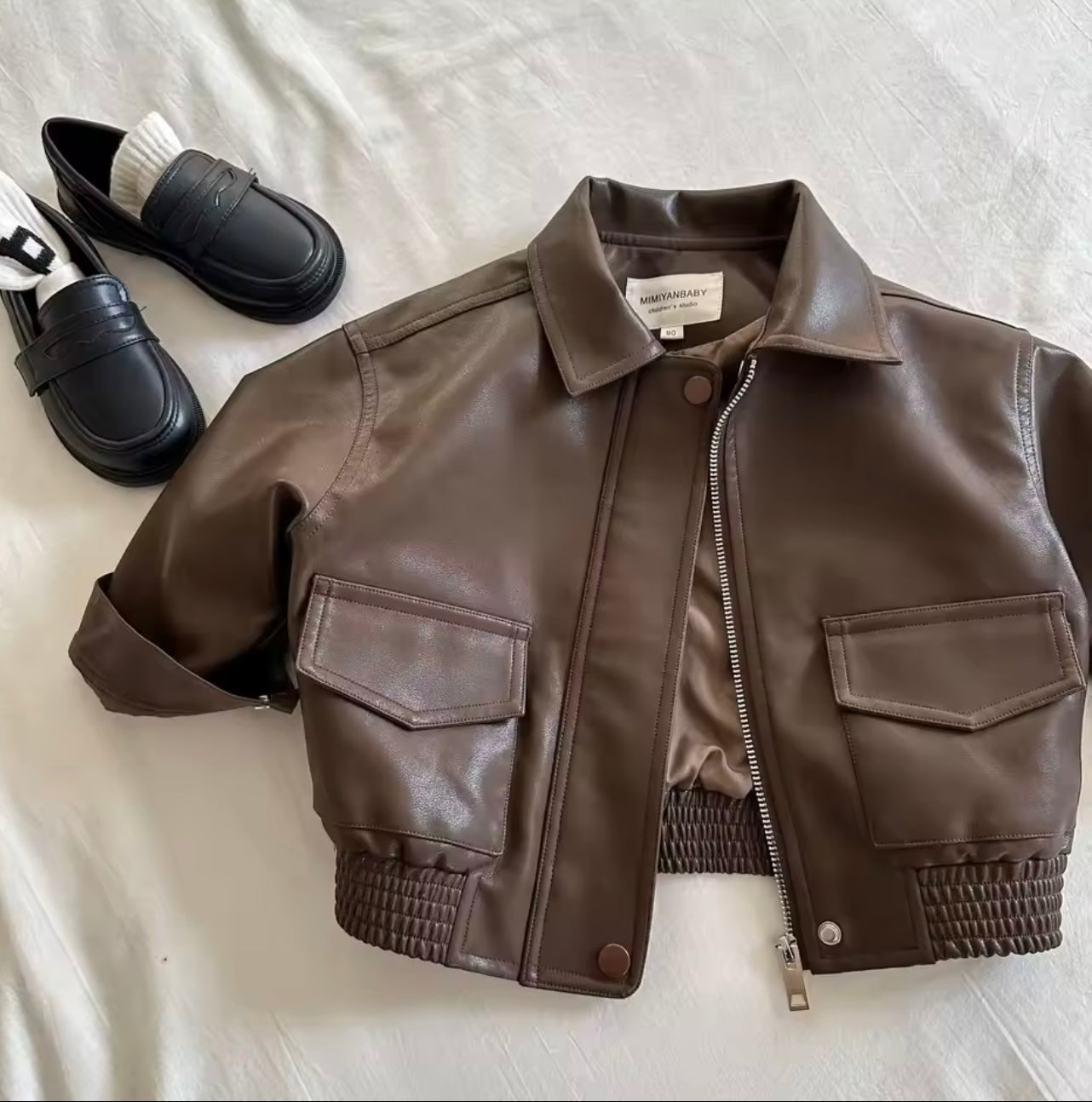 Brown Leather Bomber Jacket