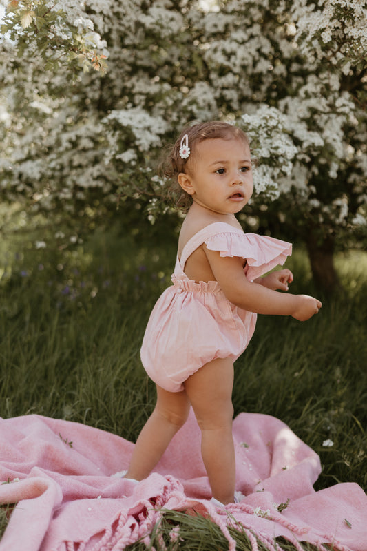 Frill Sleeve Cross Back Romper - pink