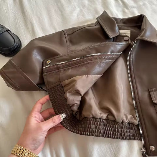 Brown Leather Bomber Jacket